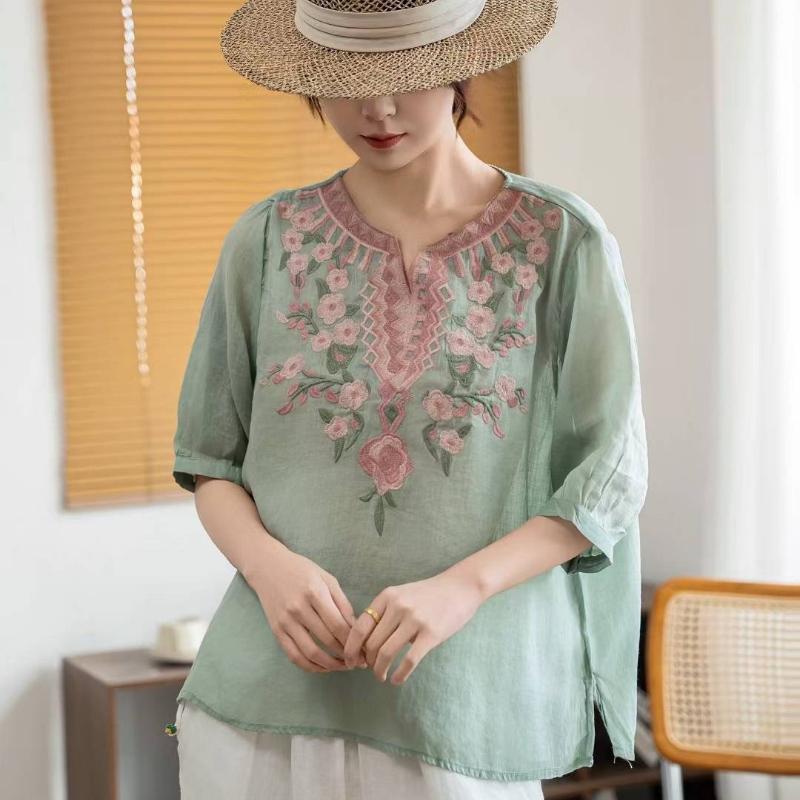 Chinese Style Women's Blouses Embroidered Vintage Shirts Loose Summer Clothing Short Sleeved Cotton Linen Women Tops