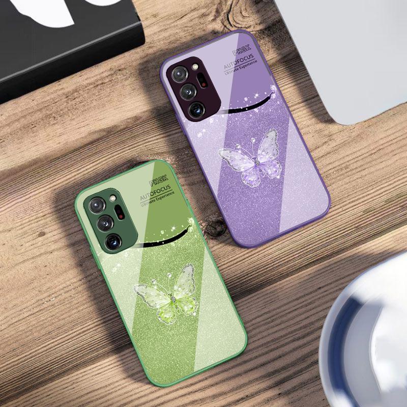 Gradient Diamond Butterfly For Samsung Galaxy Note 8 9 10 PRO 20 Ultra A01 02 03 Core 04E 4G 12 13 5G Tempering Glass Phone Case