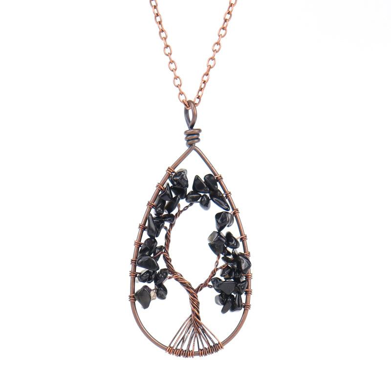 Ancient Red Copper Winding Natural Stone Crystal Water Drop Shaped Tree Of Life Necklace Colorful Stone Pendant N29