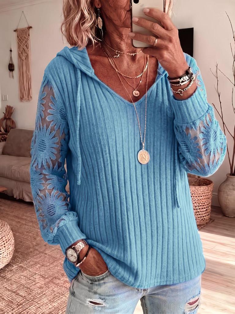 Hooded Lace Knit Solid Color Casual Sweater for Women