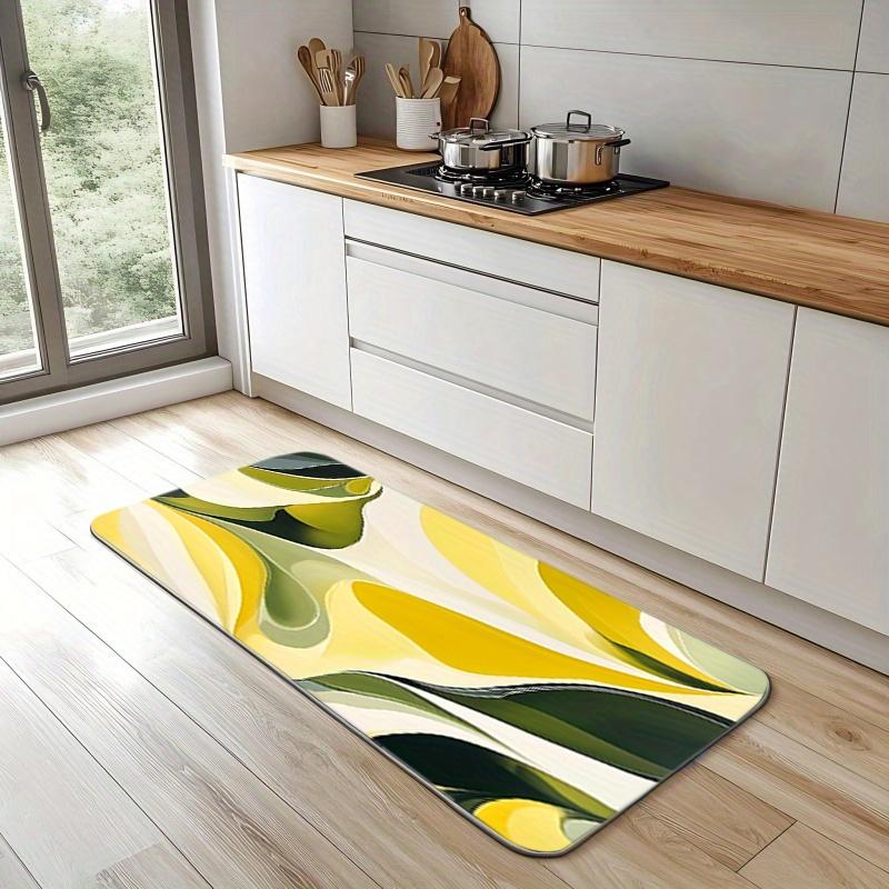 Abstract Artistic Wave Pattern Printed Flannel Bath Mat With Yellow Green And Beige Design Soft Non Slip Rug For Bathroom