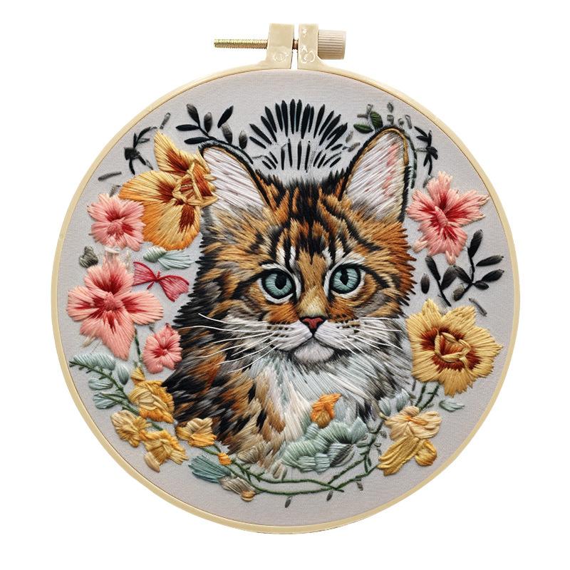 DIY Cat and Flower Embroidery Kit for Adults and Beginners Handmade Cross Stitch Kit Mixing Colors Fabric Materials