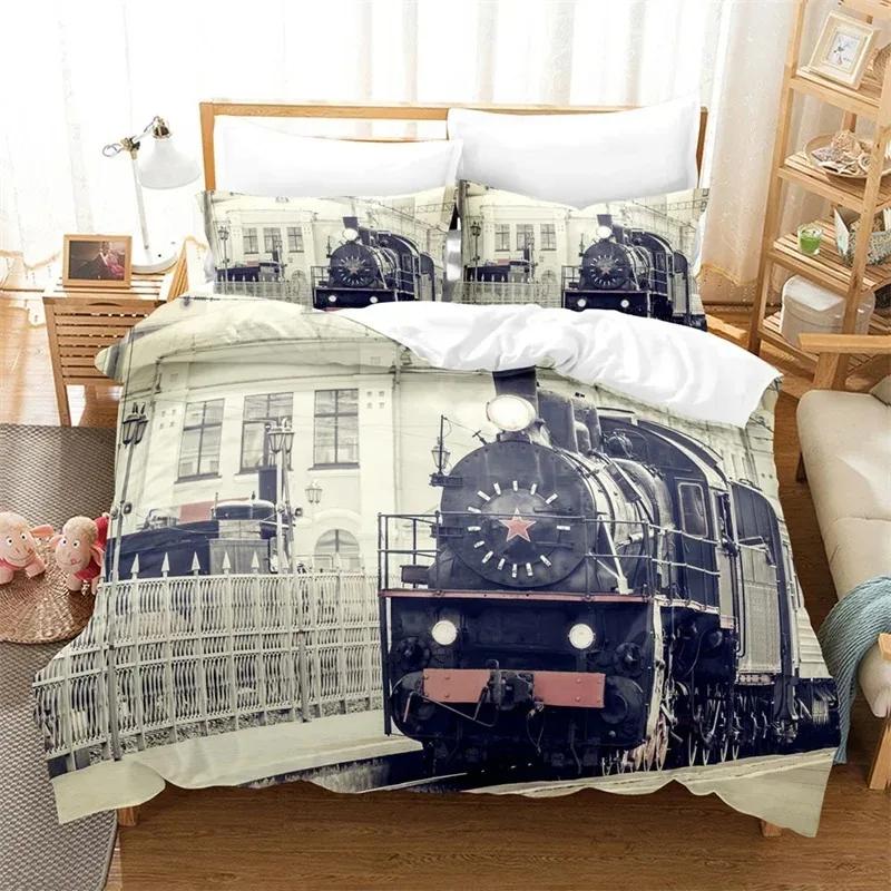Top New Train Duvet Cover Full Size Boys Steam Engine Bedding Set Microfiber 3D Rail Vehicles Comforter Cover Room Decor
