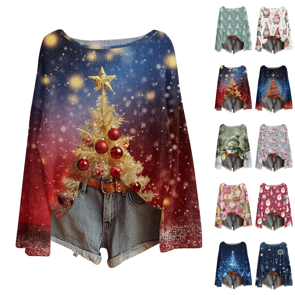 Women's Fashion Christmas Print Lightweight Sweater Casual Long-Sleeve Knit Pullover Top