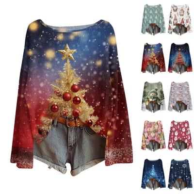 Women's Fashion Christmas Print Lightweight Sweater Casual Long-Sleeve Knit Pullover Top