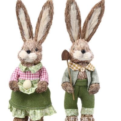 Straw Bunny Figurine Tabletop Decor Set of 2 Easter Decorations Bunny Couple Statue with Carrot Eggs Spring Decor Centerpiece for Home Table Farmhouse