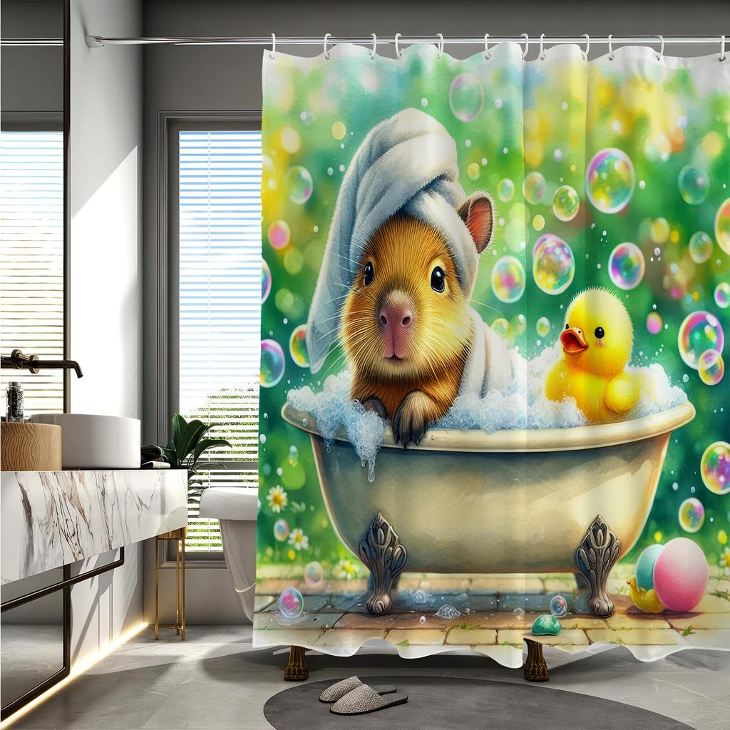 Capybara Cartoon Pattern Digital Print Shower Curtain - Machine Washable, Reversible Polyester, All-Season Bathroom/Home Decor