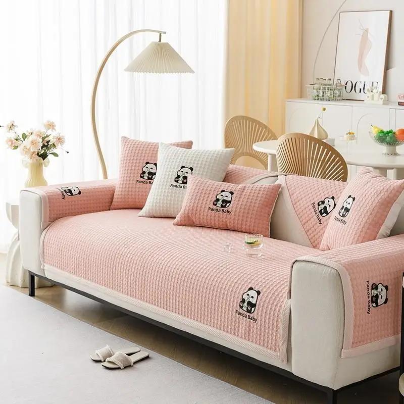 1pcs Cute Cartoon Panda Pattern Sofa Mat Summer Ice Silk Cool Non-slip Couch Cushion Living Room Furniture Protector Cover