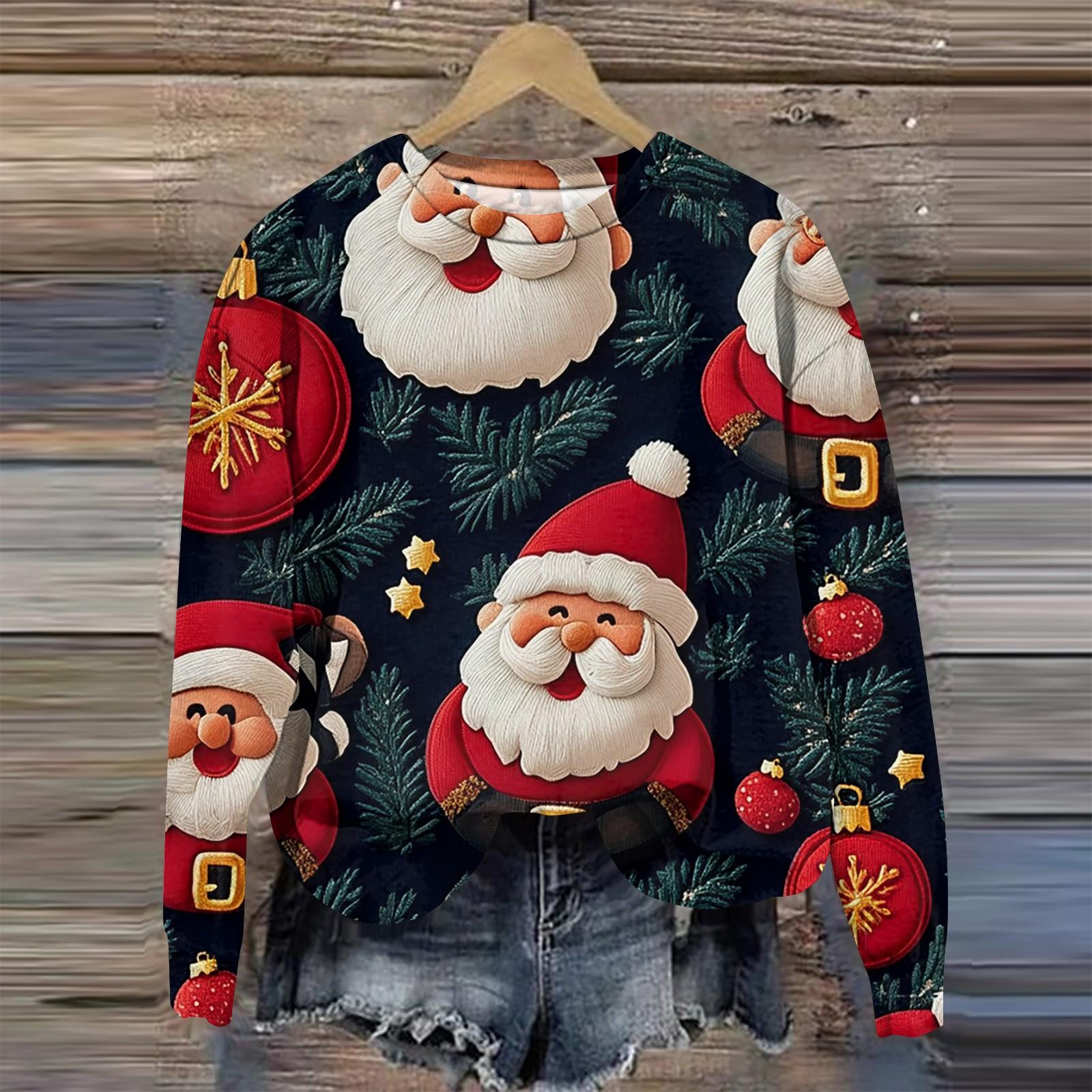 Женская мода круглый вырез пуловер длинный рукав футболка рождественский принт топ M — фото 6