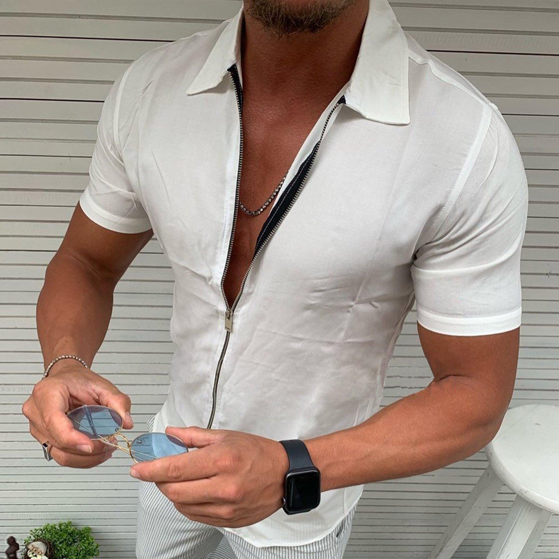Leichtes Business-Büro-Hemd für Herren mit Reißverschluss und kurzen Ärmeln L weiß