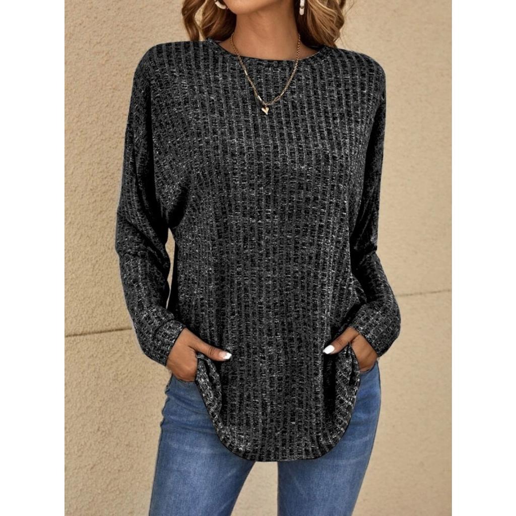 Fall New Ribbed Crew Neck Loose Long Sleeve Knit Top T-shirt for Women European American Style