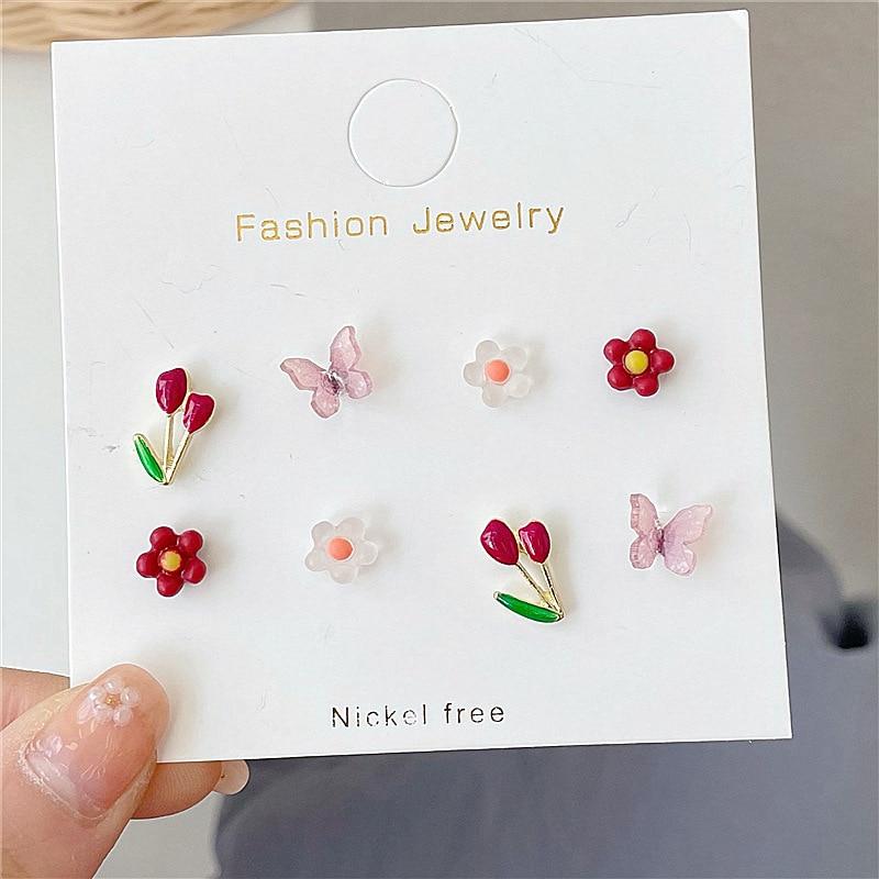 8 Pcs/set Girl Cute Acrylic Butterfly Flower Earrings Irregular Geometric Mini Studs Earrings Women Jewelry