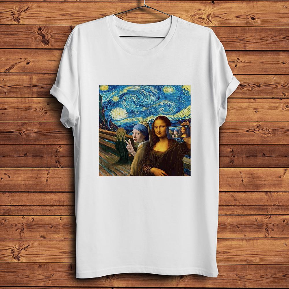 

Mona Lisa Skrik Selfie in Starry NightFunny Artistic TshirtShort Sleeve White Casual TshirtUnisex Teenocracking Print 4XL