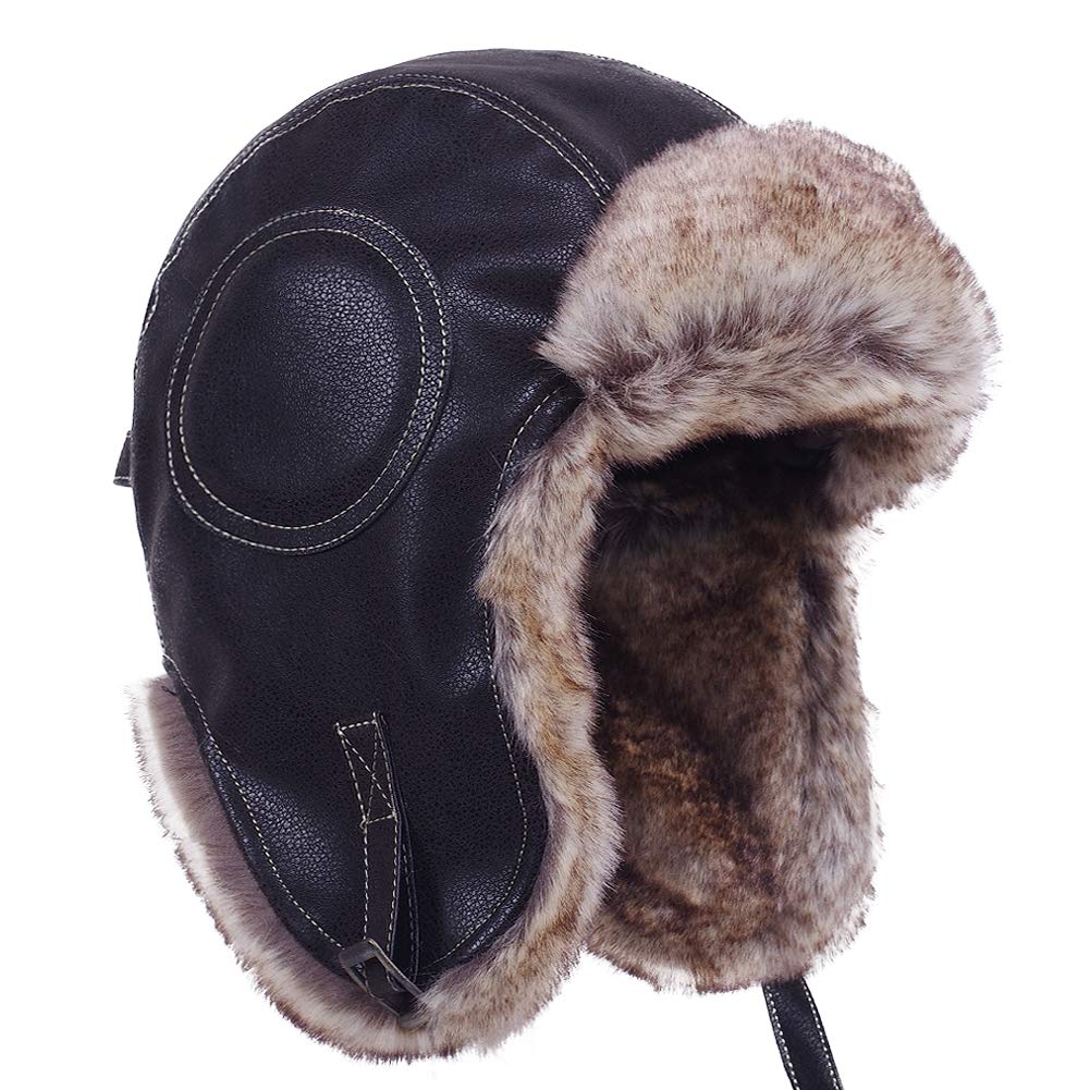 Pilot Russian Fur Pilot Cap Black Leather [Janey&Rubbins] Cap, Style, Warm, Earflaps, Lining, Skiing, Outdoor, Unisex, (L, #2)