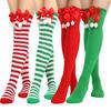 Christmas Red and Green Striped Knee Socks for Women In Ins College Style Bow Hairball Cotton Knee Protector Long Socks Trendy
