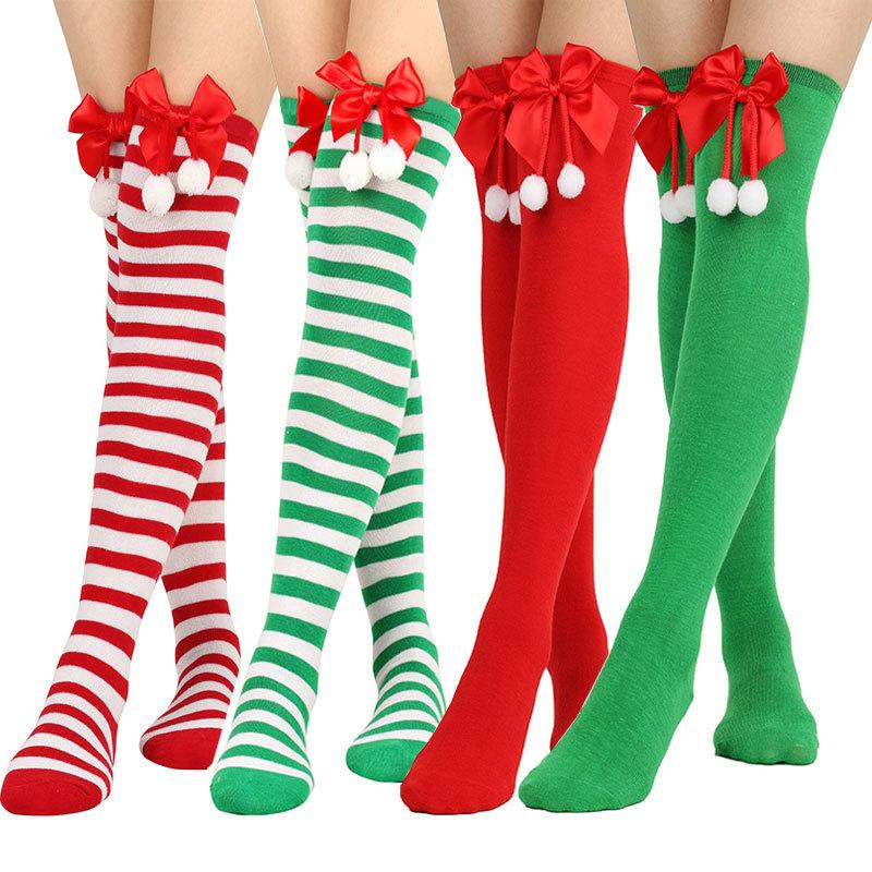 Christmas Red and Green Striped Knee Socks for Women In Ins College Style Bow Hairball Cotton Knee Protector Long Socks Trendy