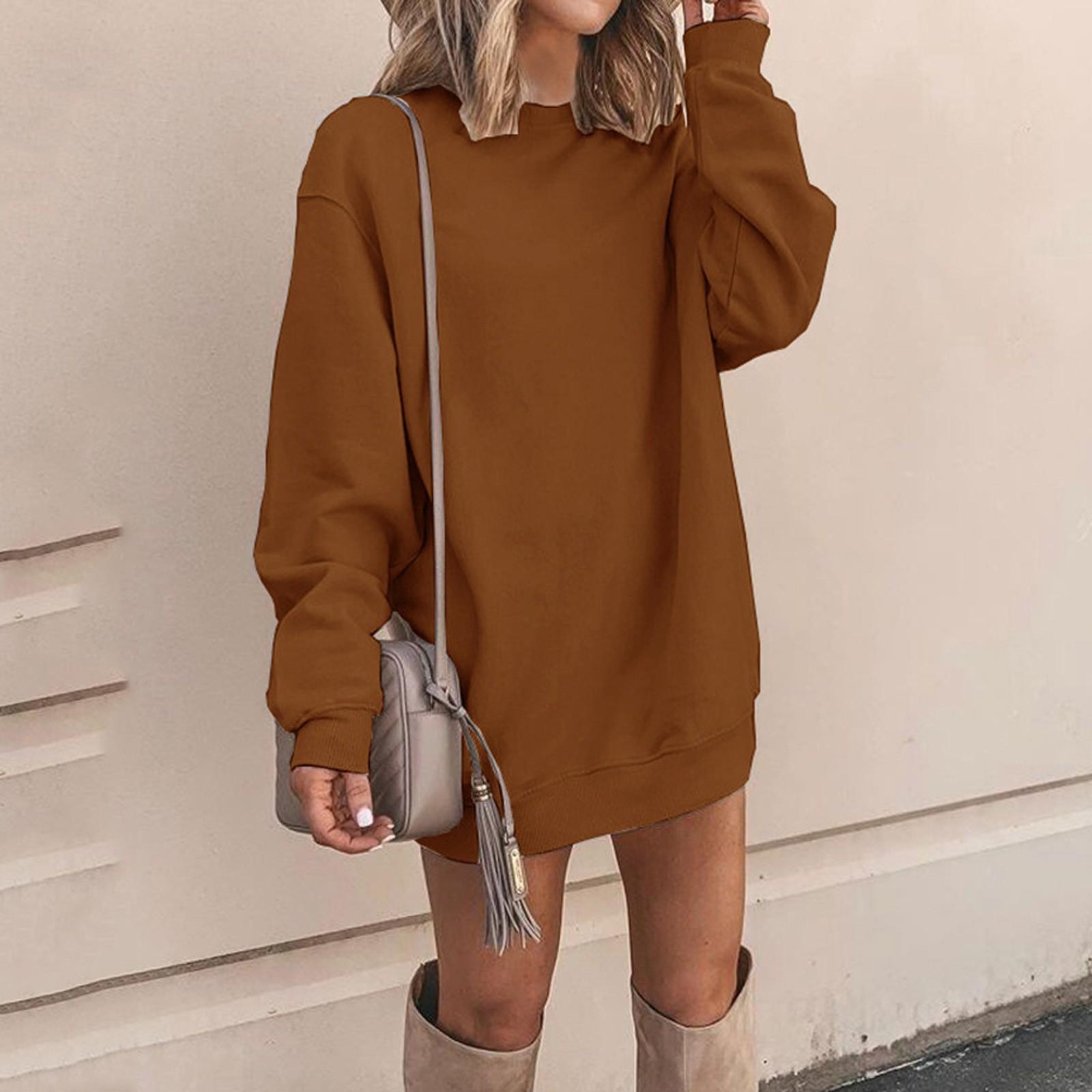 

Жіноча однотонна потовщена оверсайз вільна довга сорочка-светр із зникаючою нижньою частиною тіла L коричневий