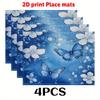4pcs Elegant Floral & Butterfly Placemats | Deep Blue Table Mats with Blue Butterflies, Durable Linen Place Mats for Dining Table, Kitchen Decor