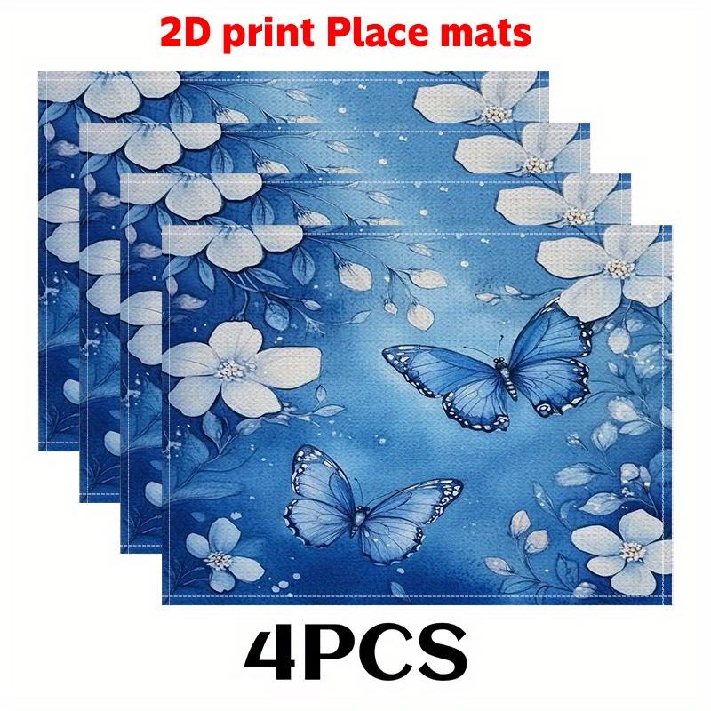 4pcs Elegant Floral & Butterfly Placemats | Deep Blue Table Mats with Blue Butterflies, Durable Linen Place Mats for Dining Table, Kitchen Decor