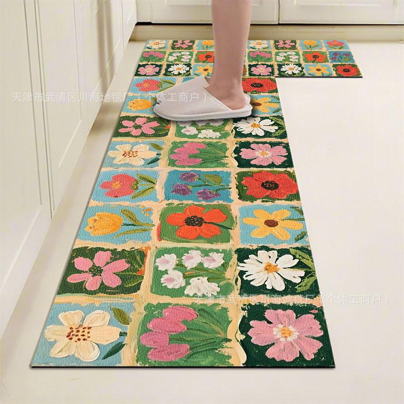 Fresh Flower Kitchen Rug Silica Clay Water and Oil Absorbing, Wear-resistant and Stain-resistant Floor Mat for Home Decor