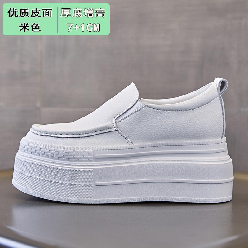 

Leather thick-soled one-pedal loafers women s solid color heightening foot cover breathable and comfortable heightening 8CM small white shoes sin 34
