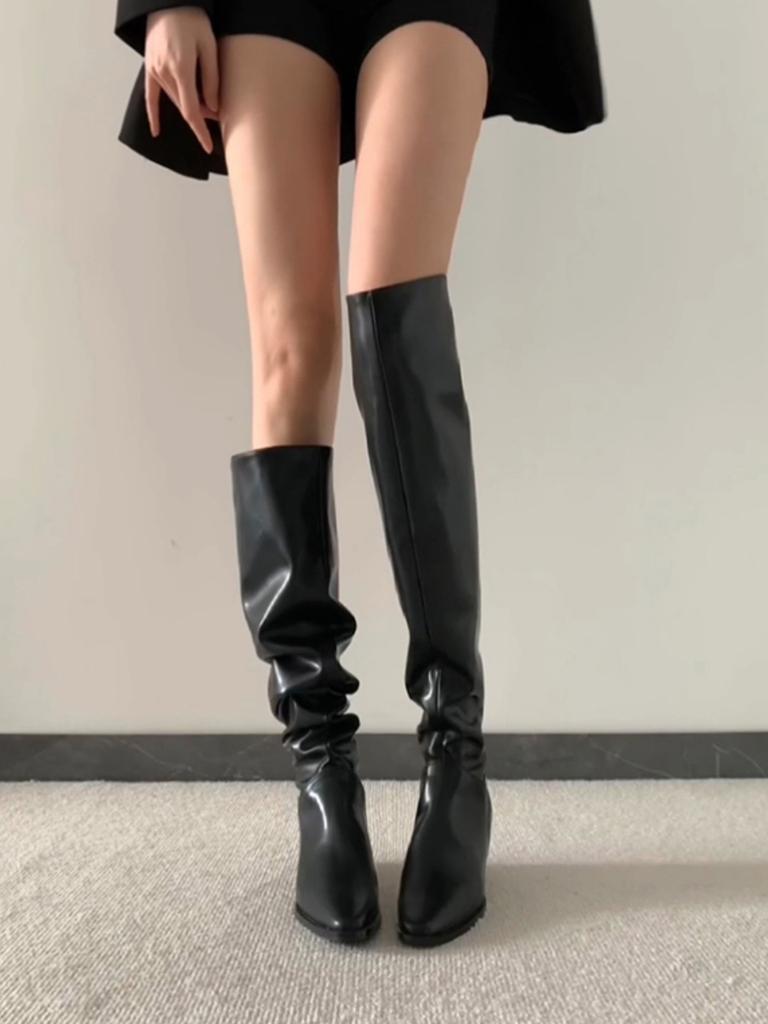 Real Leather Knee High Boots for Women  Autumn and Winter 2026 New Style Pointed Long Tube Pleated Stacking Boots