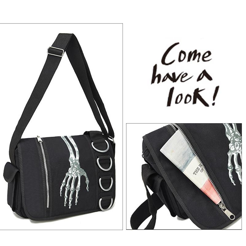 SHELKSBAG Unisex Halloween Skeleton Hand Pattern Adjustable Crossbody Messenger Bag Y2k Fashion Street Gothic Canvas Handbag