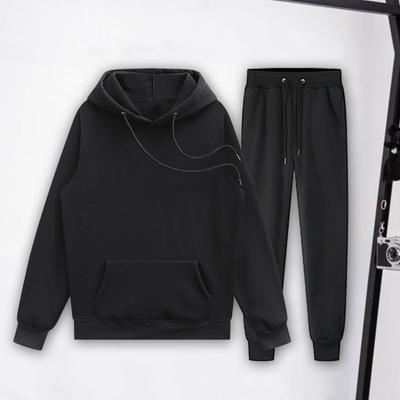 2Pcs/Set Spring Autumn Couple Solid Color Sport Outfit Hooded Drawstring Long Sleeve Sweatshirt Elastic Waist Pockets Long Pants