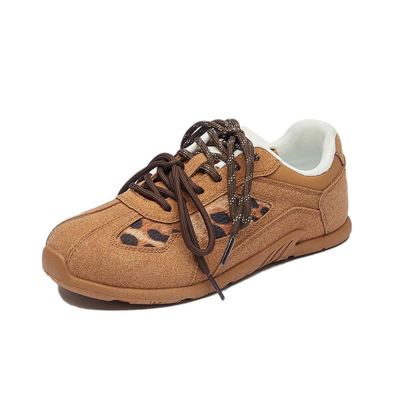 Women Round Toe Leopard Print Flat Lace-up German Training Lace Up Casual Sport Shoes Outdoor Running Vulcanized Shoe