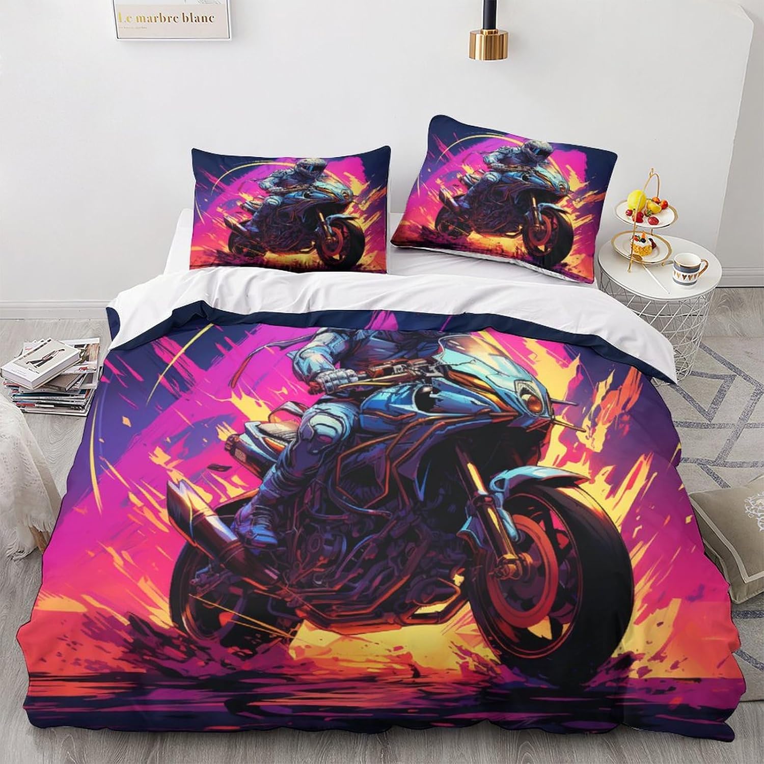 

Motorcycle Duvet Cover Double Size, Extreme Sports Motorcyclist Duvet Cover Boy s Duvet Covers Bedding Set With Zipper Closure 135x200cm