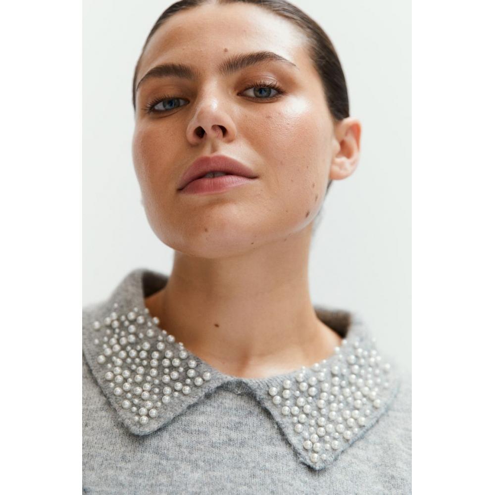 

H M Beaded collar sweater grey melange