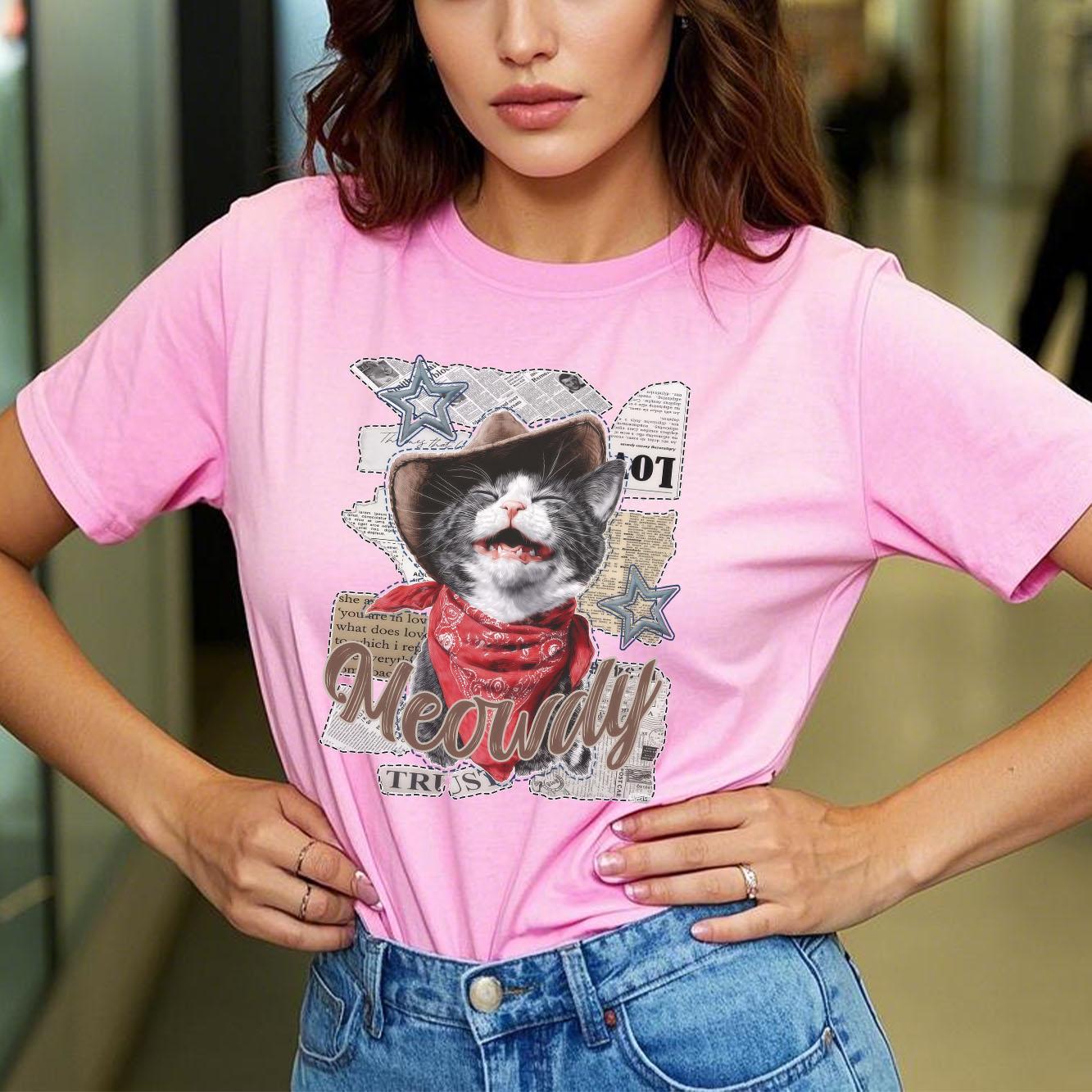 Cute newspaper cat retro cartoon print fashionable short sleeved round neck daily versatile Womens Tshirt S