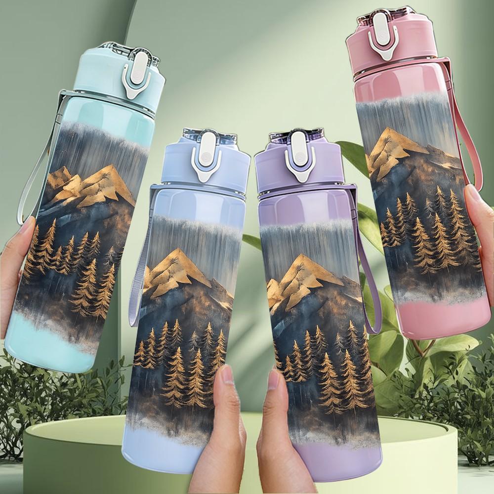 1PC Misty Mountain Forest Landscape 750ml Color Plastic Sports Water Bottle Leakproof Flip Straw Lid Suitable for Sports Office Home Use