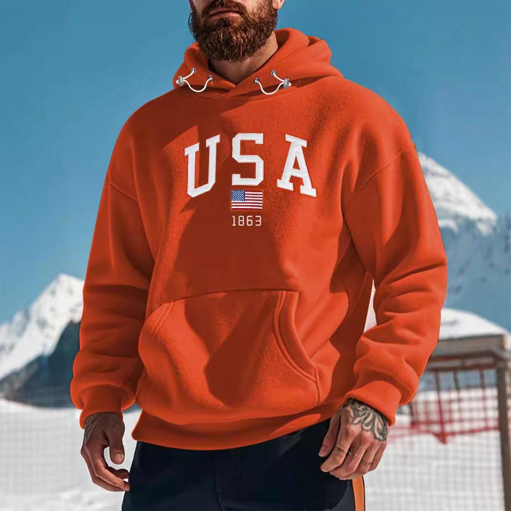 Men's Loose Printed Fleece Hooded Sweatshirt Men's Casual Fashion Sports Pullover Sweatshirt