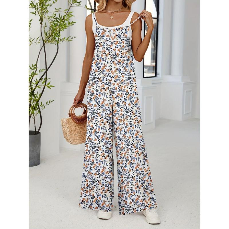 Women Adjustable Strap Floral Printed Casual Loose High Waist Summer Jumpsuit