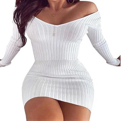 Outono e inverno feminino com decote em V mangas compridas fino vestido quadril suéter quente
