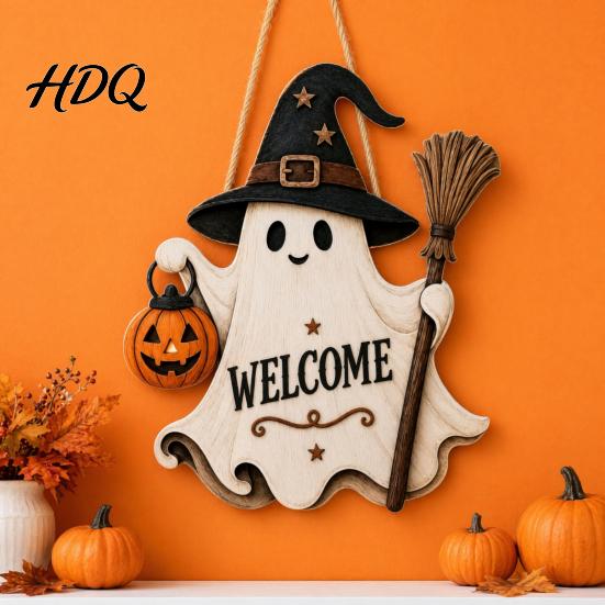 Spooky Halloween Decoration Wooden Hanging Door Sign Cute Ghost Welcome Ornament