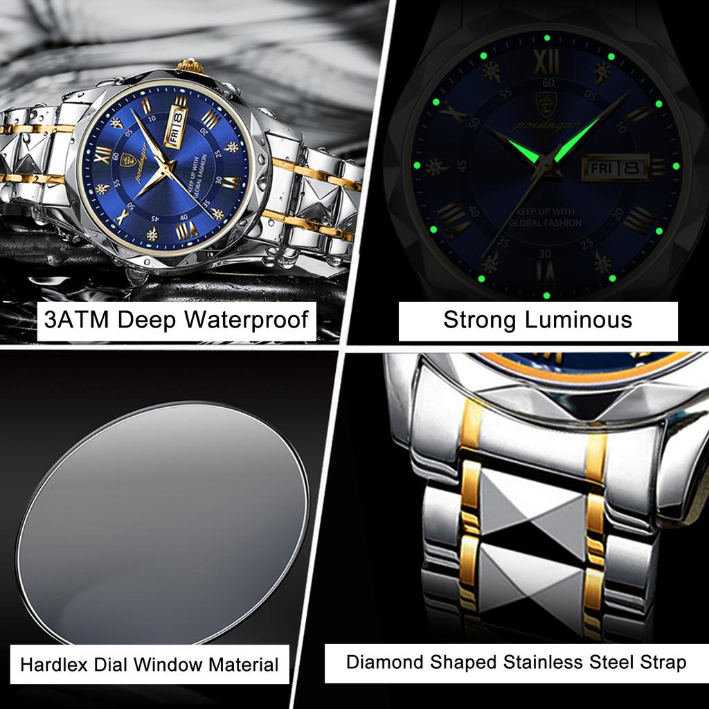 Luxury Man Wristwatch Waterproof Luminous Date Week Men Watches Stainless Steel Quartz Men's
