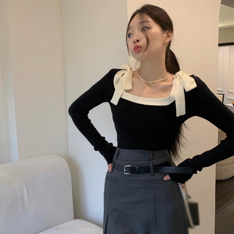 

Spring Women Bow Tie Square Collar Cropped Top New Korean Pull Femme Outwear Casual Solid Pullover Tops
