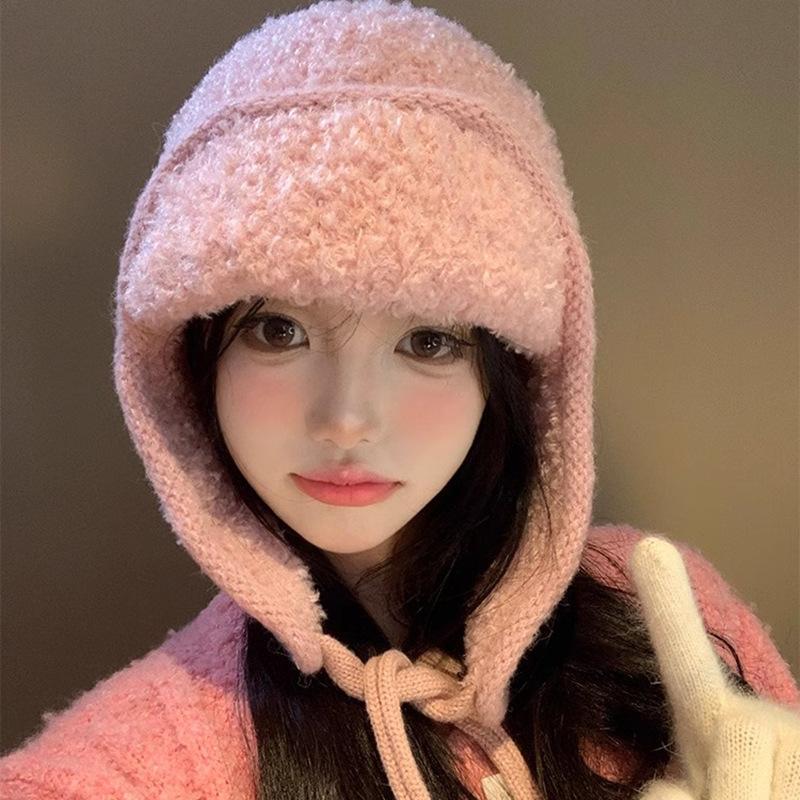Pink Lei Feng Hat Women's Winter Ear Protection Knitted Wool Hat Outdoor Cycling Plush Hat Cold-proof Big Head Circumference Hat