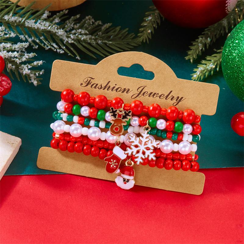 Christmas Multi-Layer Colorful Beaded Bracelet For Women Santa Claus Snowman Reindeer Snowflake Polymer Clay Bangle Jewelry