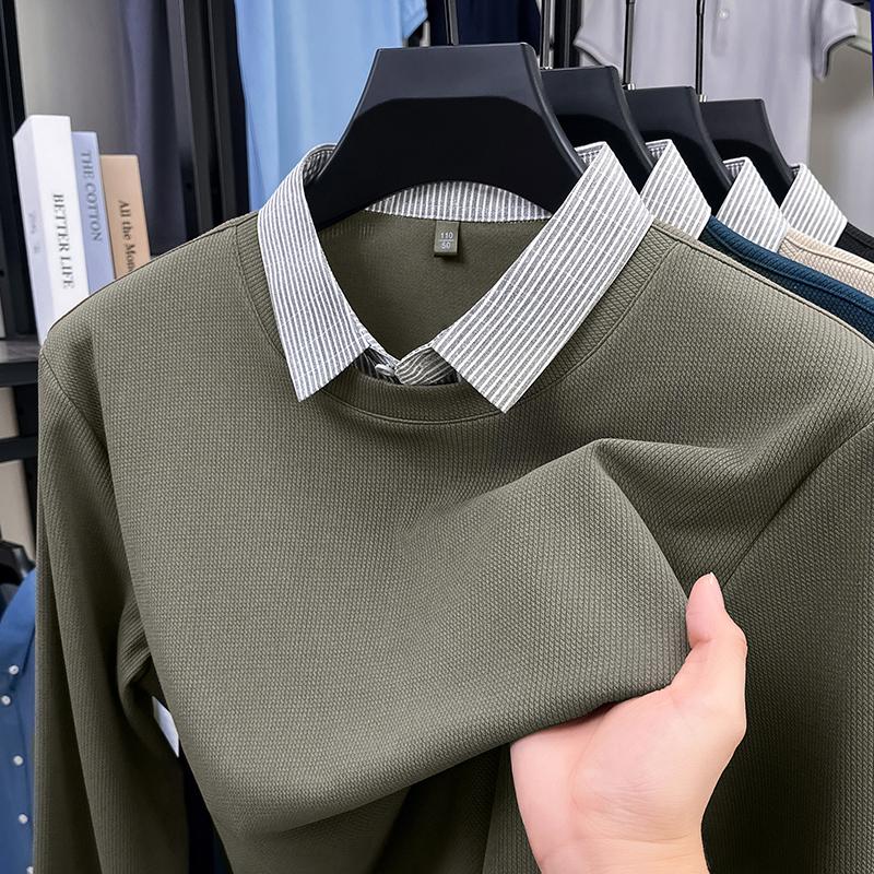 High End Quality Men'S Fake Two-Piece Solid Color Simple Comfortable Lapel T-Shirt Autumn New Versatile Casual Fashion Menswear
