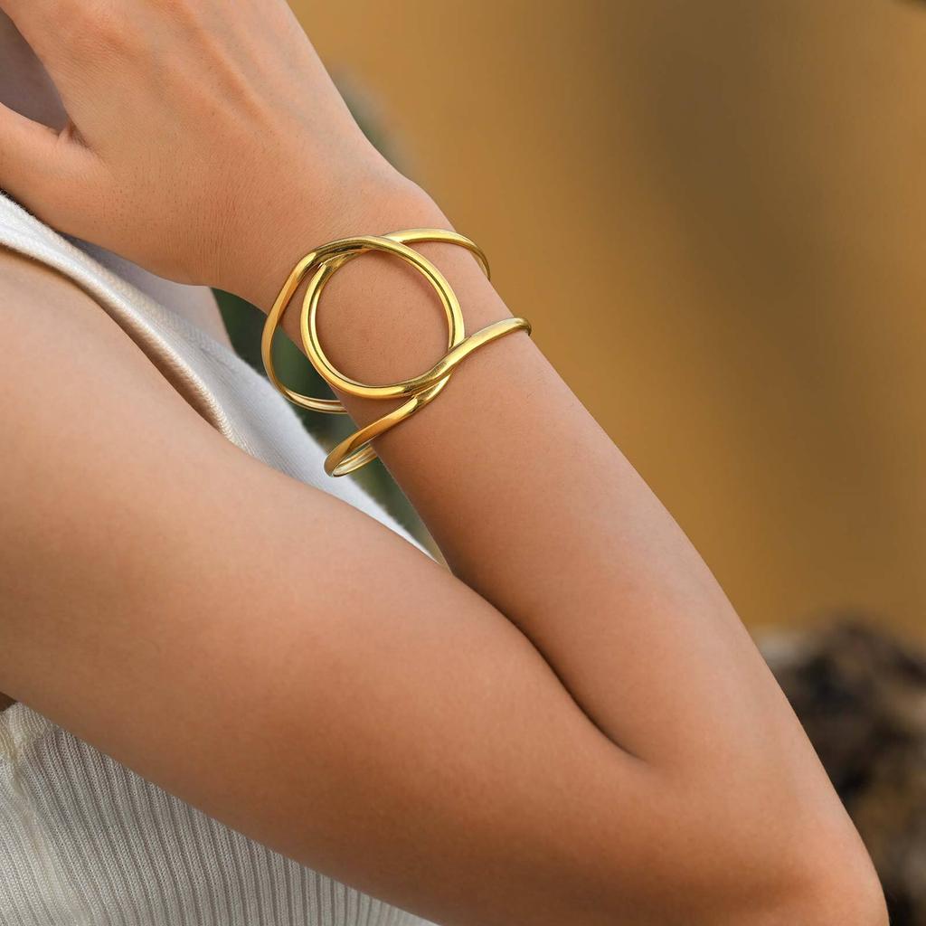 Vnox Minimalist Stainless Steel Double Cuff Bracelet, Geometric Aesthetics Gold Plated Bangles, Women's Hand Arm Jewelry Gifts