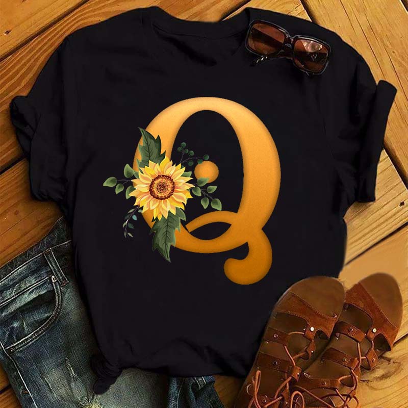 Maycaur Women's T Shirt Custom Name Letter Combination Print Tshirt Sunflower Letter Font A B C D E F G Short Sleeve Ladies Tops