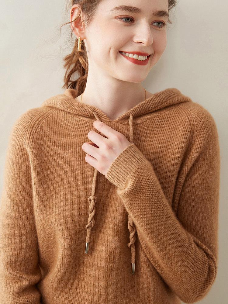 Women's Hooded Cashmere Sweater: Long Sleeve, Thick, Warm, Autumn/Winter Knit, Loose Fit Pullover.