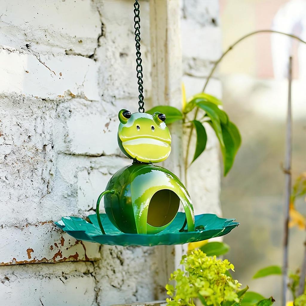 Cute Frog Hanging Bird Feeders, Metal Frog Wild Birdfeeder with Leaf Tray Plate and Chain Waterproof Wild Bird Feeders for Garden,Backyard