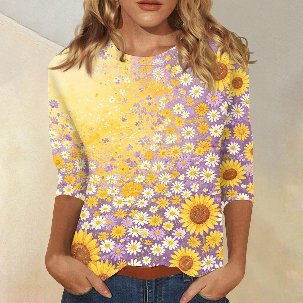 Women's Casual 3/4 Sleeve Floral Print Round Neck Top Lightweight Comfortable Fit Soft Fabric Blouse for Everyday Wear