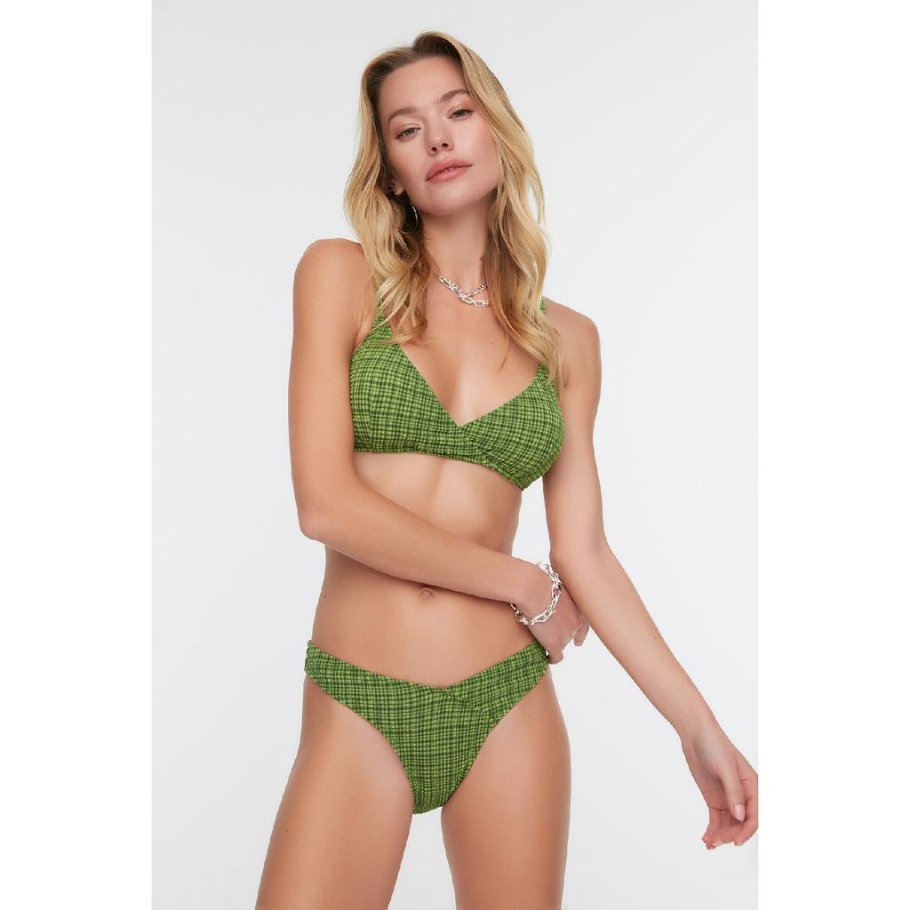 Zelené Gingham Textured V Cut Bikini Bottom Tbess21ba0130