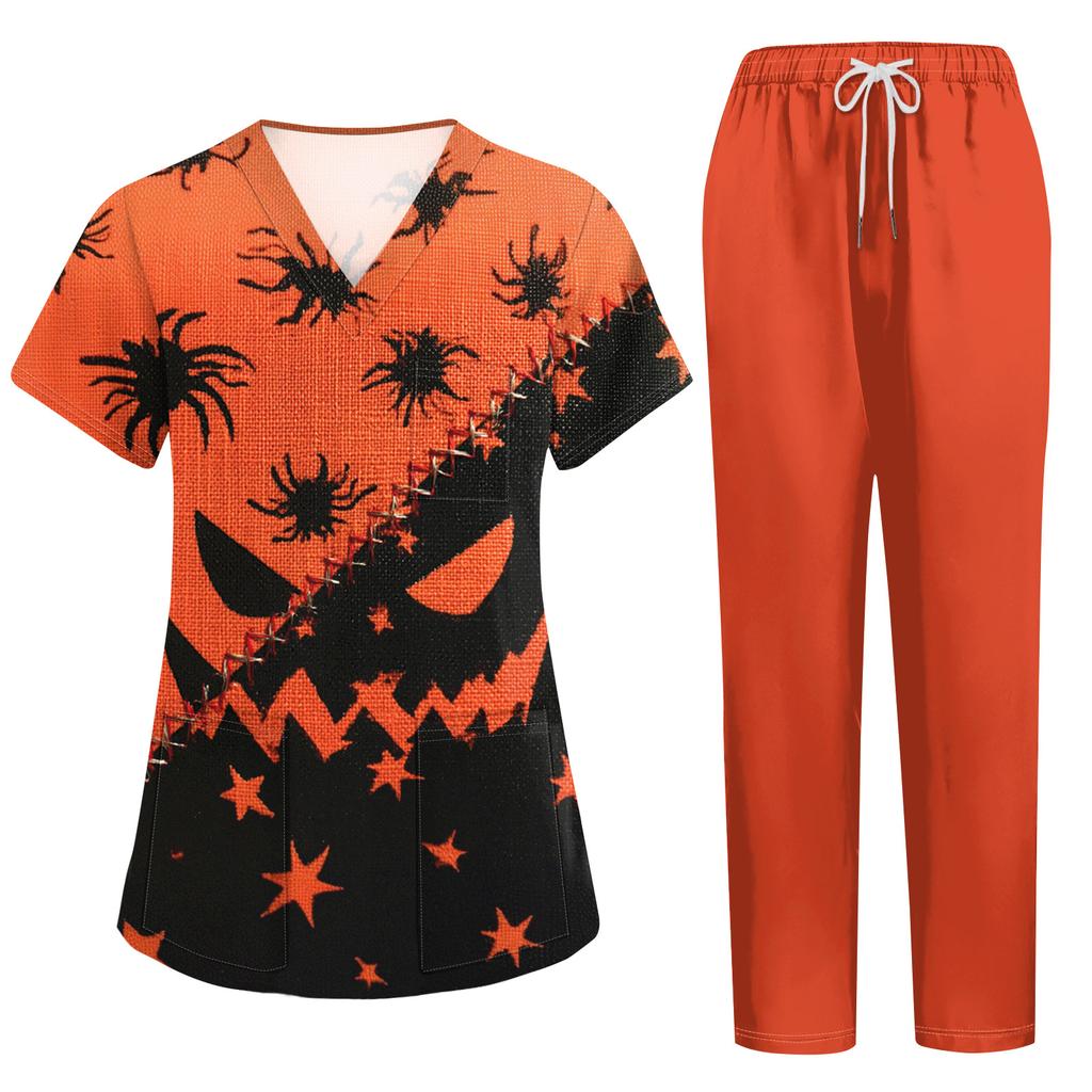 Women's Scrub Set Short Sleeve Halloween Print Pocket Top and Pants Two Piece Work Uniform