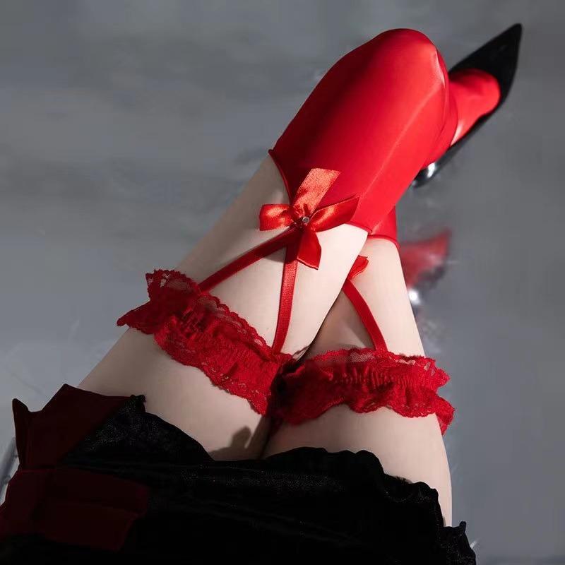 JK Lolita Ruffle Leg Rings 8D Oil Shiny Lace Bow Suspender Thigh High Stocking Women Plus Size Nightclub Party Hosiery